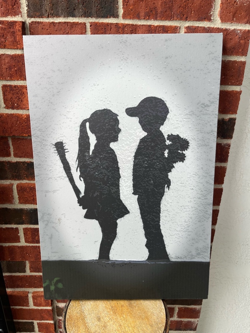 Banksy graffiti canvas art- boy with flowers, girl with bat